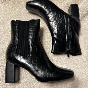 Never worn, new in box! Black Boohoo Croc Chelsea Heeled Ankle Boot, size 38
